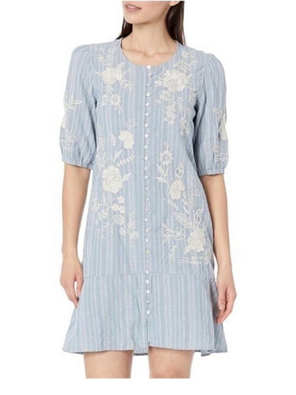 Johnny Was Osiris Mini Dress With White Floral Embroidery
